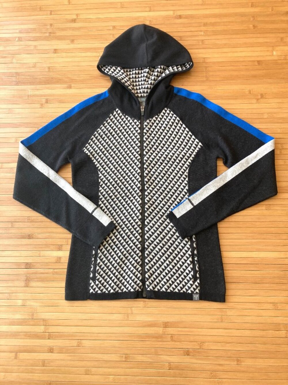 Title Nine Super Power Full Zip Hooded Sweater Wool Blend Small S Houndstooth